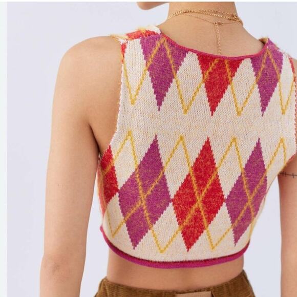 Urban Outfitters Adriana Split Hem Sweater Vest Argyle Pink Red Yellow Women S - Picture 2 of 8
